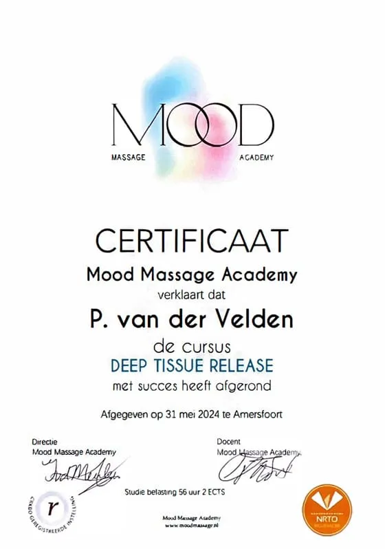 Certificaat Deep Tissue Release, Mood massage academy