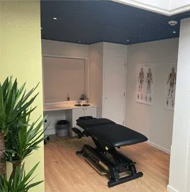 Tweede behandelruimte met een donkere massagetafel en een plant